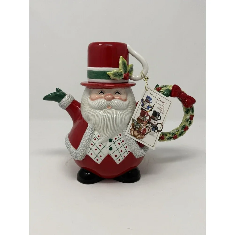 Fitz and Floyd Snack Therapy Santa Cocoa Pot, Ceramic Holly, Boxed